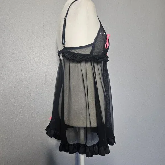 Victoria's Secret Sexy Little Things Babydoll SZ Large Black Sheer Rhinestones - Picture 8 of 14